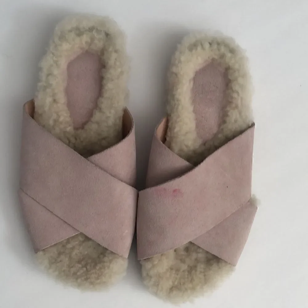 Marc Fisher slip on shearling wool and pink suede open toe ship on shoes MLCANNA
